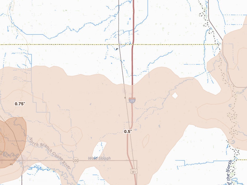 Radar-estimated hail-size map of the storm over Buxton, ND on Sep 3, 2026