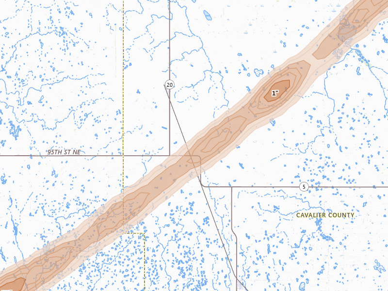 Radar-estimated hail-size map of the storm over Calvin, ND on Jan 2, 2026