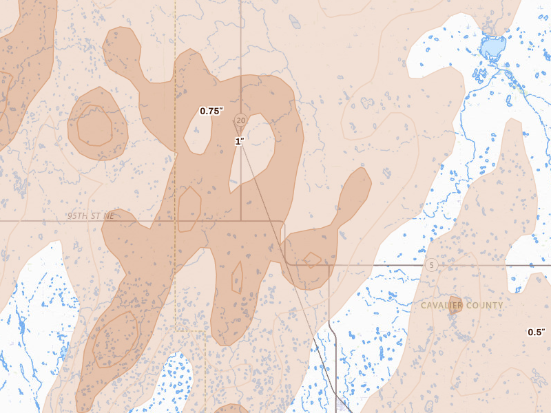 Radar-estimated hail-size map of the storm over Calvin, ND on Jun 2, 2026