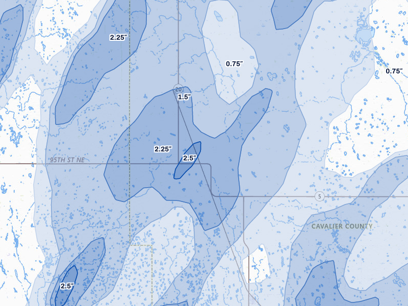 NEXRAD radar-signature map of the hail storm over Calvin, ND on Jun 2, 2026