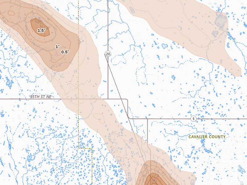 Radar-estimated hail-size map of the storm over Calvin, ND on Jul 9, 2026