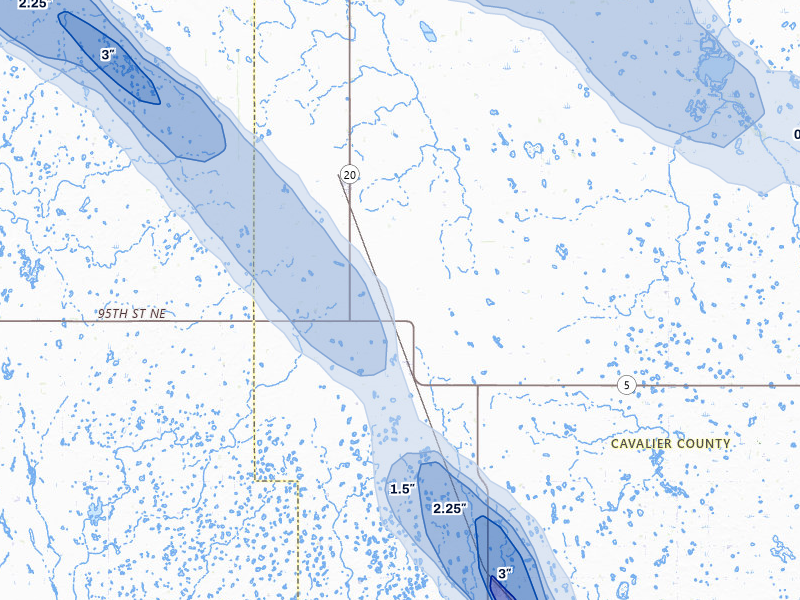 NEXRAD radar-signature map of the hail storm over Calvin, ND on Jul 9, 2026