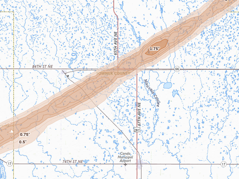 Radar-estimated hail-size map of the storm over Cando, ND