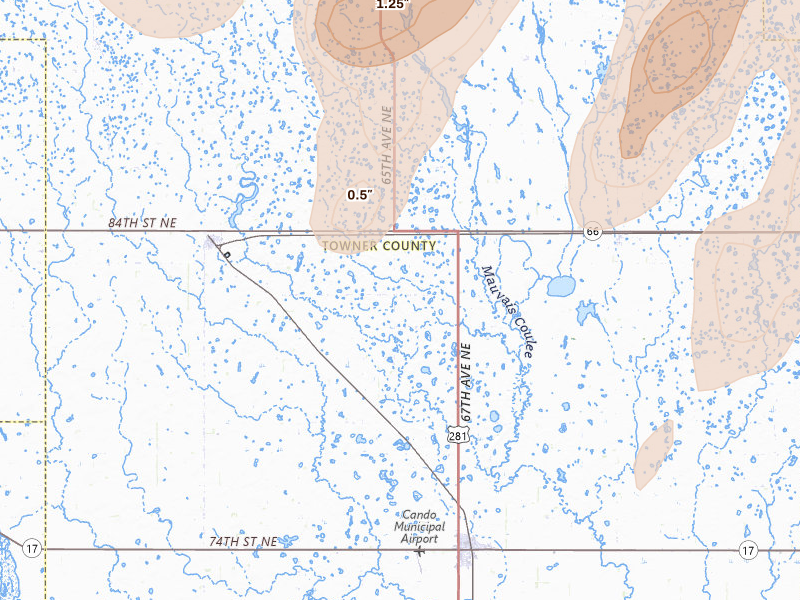 Radar-estimated hail-size map of the storm over Cando, ND on Jun 2, 2026
