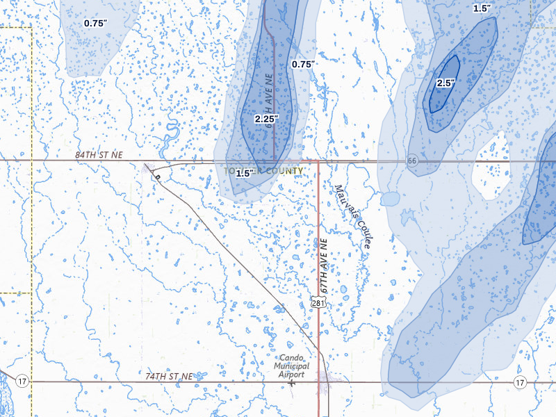 NEXRAD radar-signature map of the hail over Cando, ND