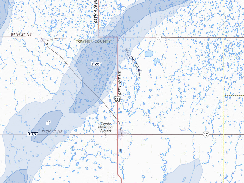 NEXRAD radar-signature map of the hail storm over Cando, ND on Jun 29, 2026