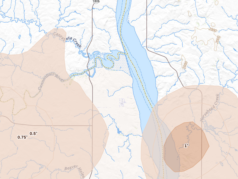 Radar-estimated hail-size map of the storm over Cannon Ball, ND on Jul 1, 2026