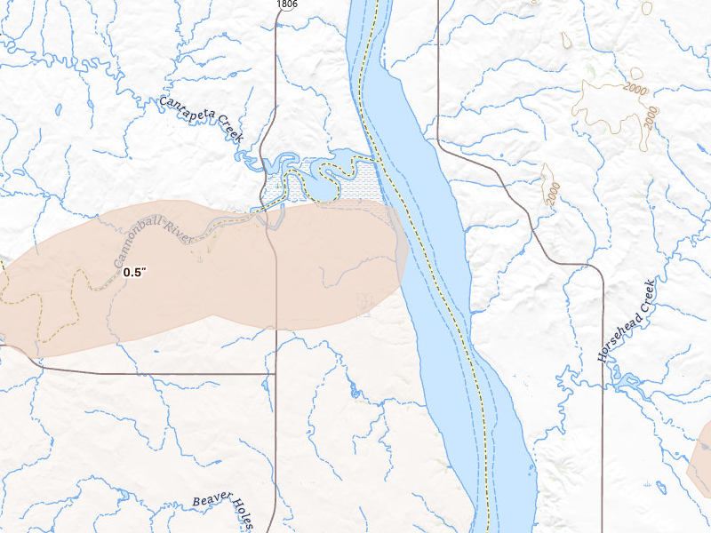 Radar-estimated hail-size map of the storm over Cannon Ball, ND on Aug 12, 2026