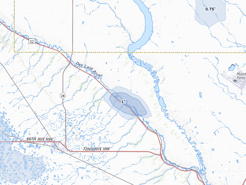 NEXRAD radar-signature map of the hail storm over Carpio, ND on Jun 27, 2026