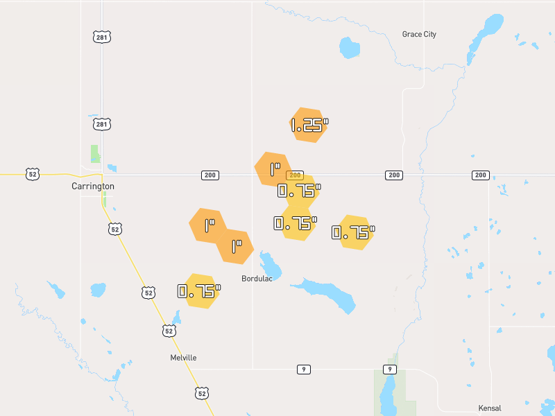 Hail map of Carrington, ND on Jun 30, 2026, hail up to 1.25"