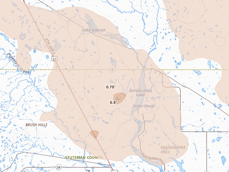 Radar-estimated hail-size map of the storm over Carrington, ND on Jul 9, 2026