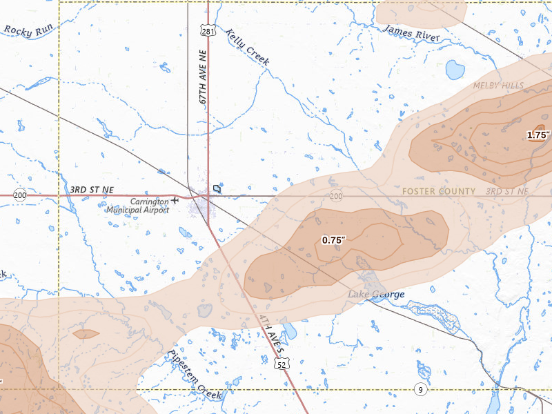 Radar-estimated hail-size map of the storm over Carrington, ND on Aug 24, 2026