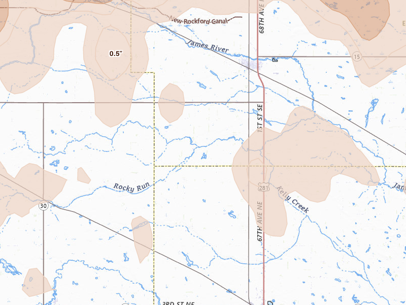 Radar-estimated hail-size map of the storm over Carrington, ND on Sep 3, 2026