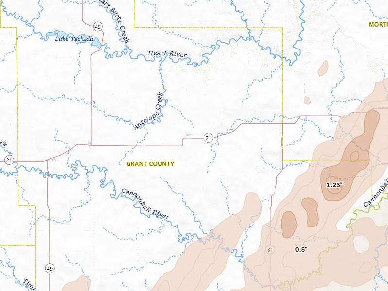 Radar-estimated hail-size map of the storm over Carson, ND on Jun 9, 2026