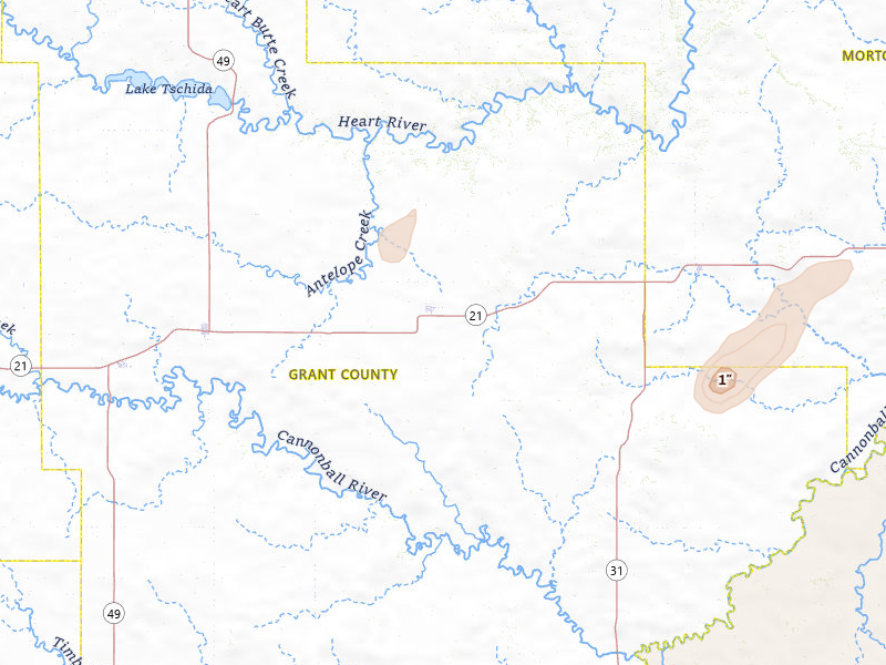 Radar-estimated hail-size map of the storm over Carson, ND on Jun 28, 2026