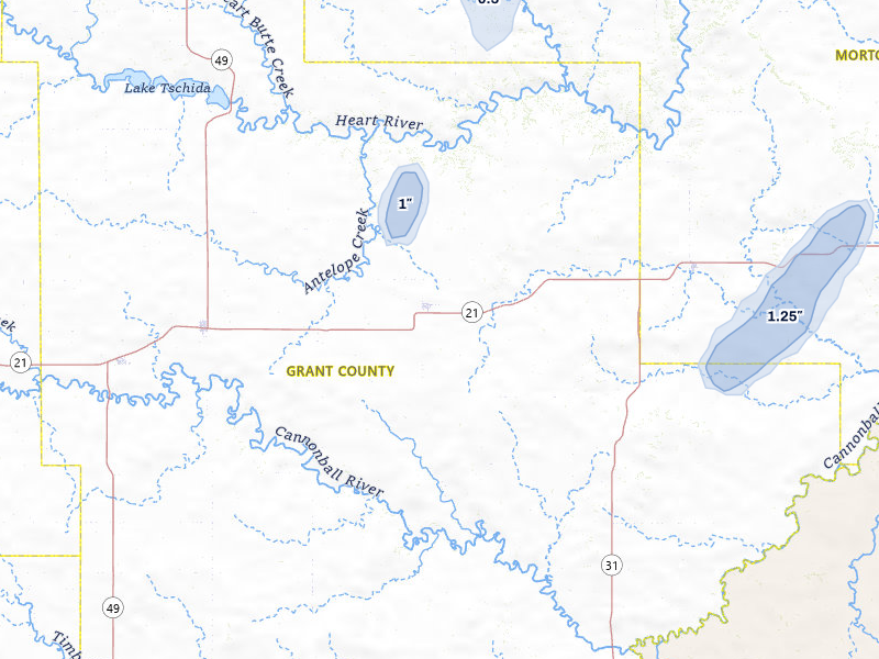NEXRAD radar-signature map of the hail storm over Carson, ND on Jun 28, 2026