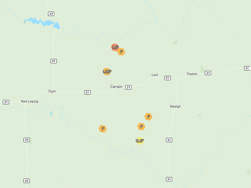 Hail map of Carson, ND on Jun 28, 2026, hail up to 1.5"