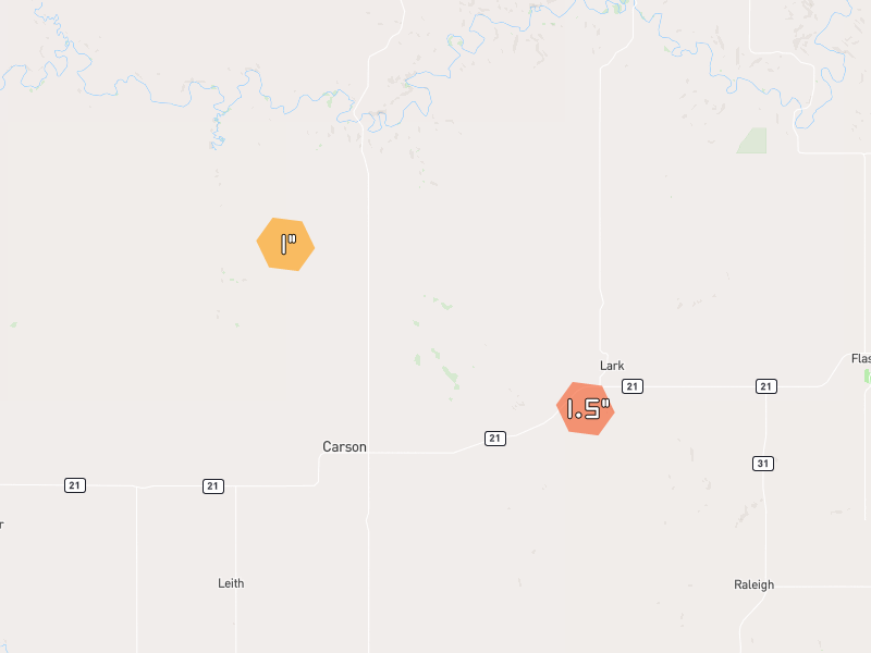 Hail map of Carson, ND on Jun 29, 2026, hail up to 1.5"