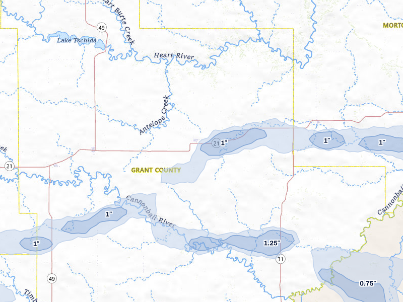 NEXRAD radar-signature map of the hail storm over Carson, ND on Jul 1, 2026