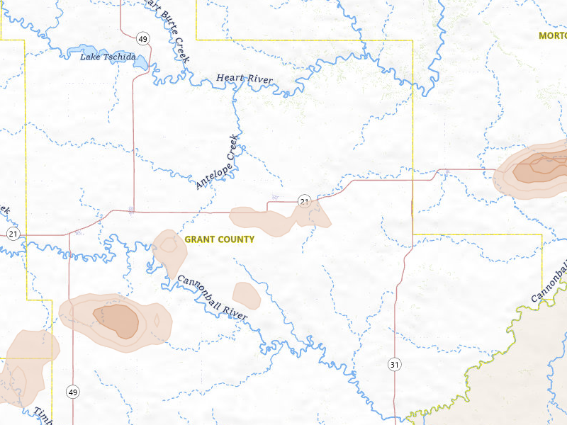 Radar-estimated hail-size map of the storm over Carson, ND on Jul 9, 2026