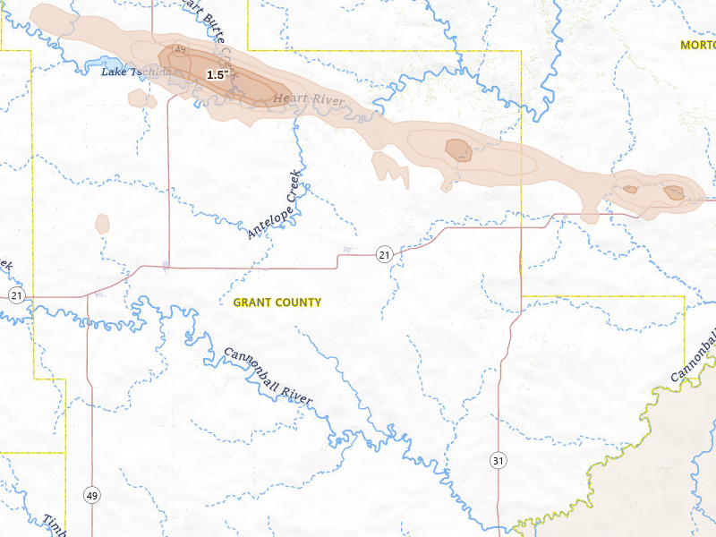 Radar-estimated hail-size map of the storm over Carson, ND on Jul 19, 2026