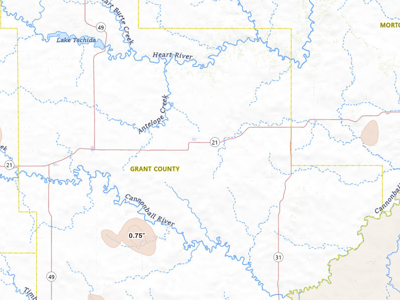 Radar-estimated hail-size map of the storm over Carson, ND on Jul 29, 2026