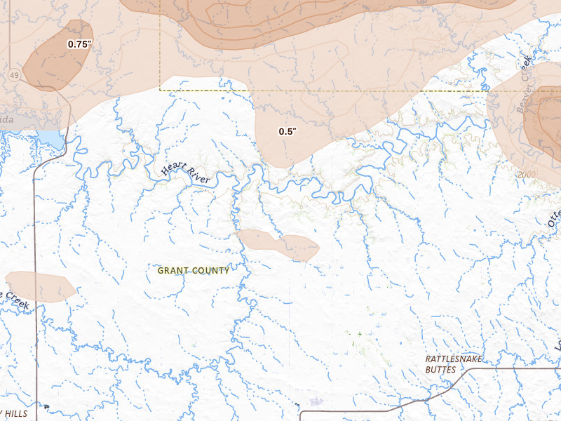 Radar-estimated hail-size map of the storm over Carson, ND on Aug 11, 2026