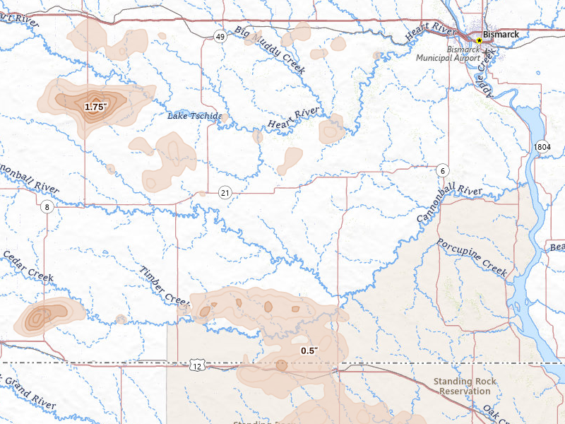 Radar-estimated hail-size map of the storm over Carson, ND on Aug 30, 2026