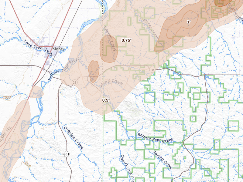 Radar-estimated hail-size map of the storm over Cartwright, ND on Jun 7, 2026