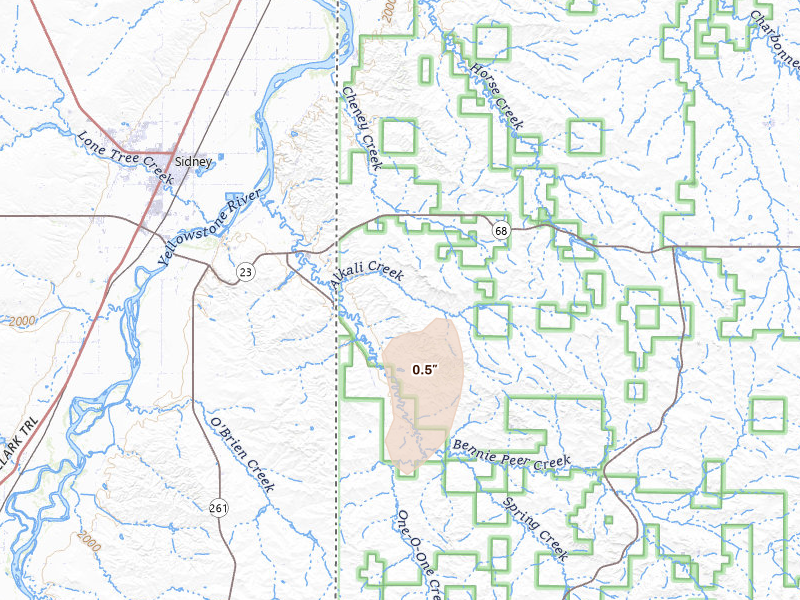 Radar-estimated hail-size map of the storm over Cartwright, ND on Jun 27, 2026