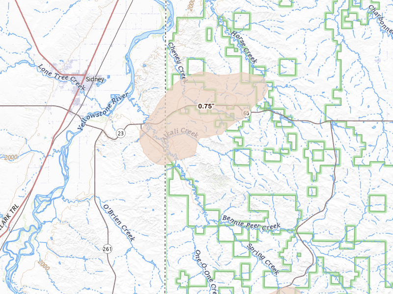 Radar-estimated hail-size map of the storm over Cartwright, ND on Jul 2, 2026