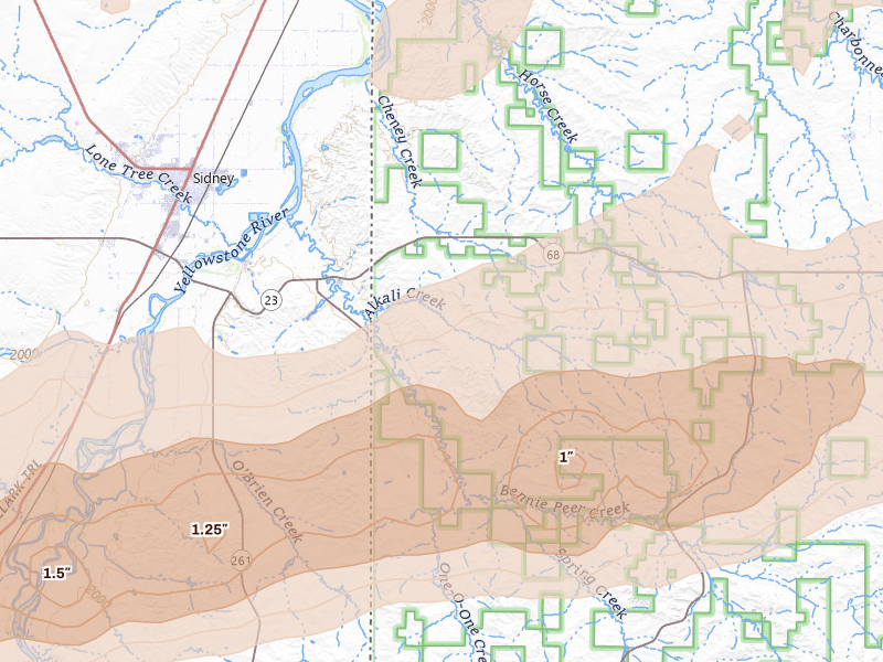 Radar-estimated hail-size map of the storm over Cartwright, ND on Jul 5, 2026