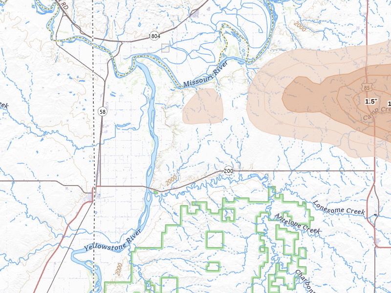 Radar-estimated hail-size map of the storm over Cartwright, ND on Aug 29, 2026