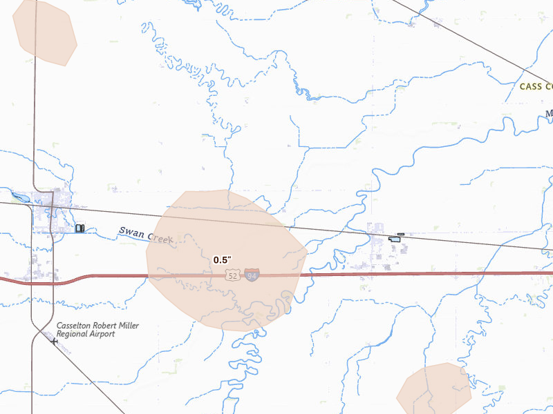 Radar-estimated hail-size map of the storm over Casselton, ND on Aug 11, 2026