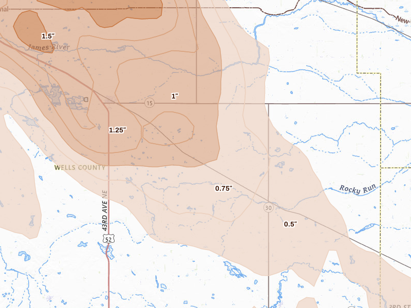 Radar-estimated hail-size map of the storm over Cathay, ND on Jul 9, 2026