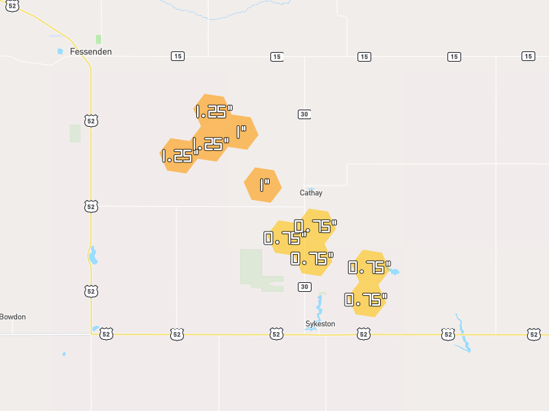 Hail map of Cathay, ND on Jul 10, 2026, hail up to 1.25"