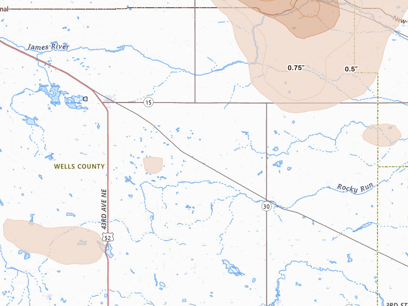 Radar-estimated hail-size map of the storm over Cathay, ND on Jul 16, 2026
