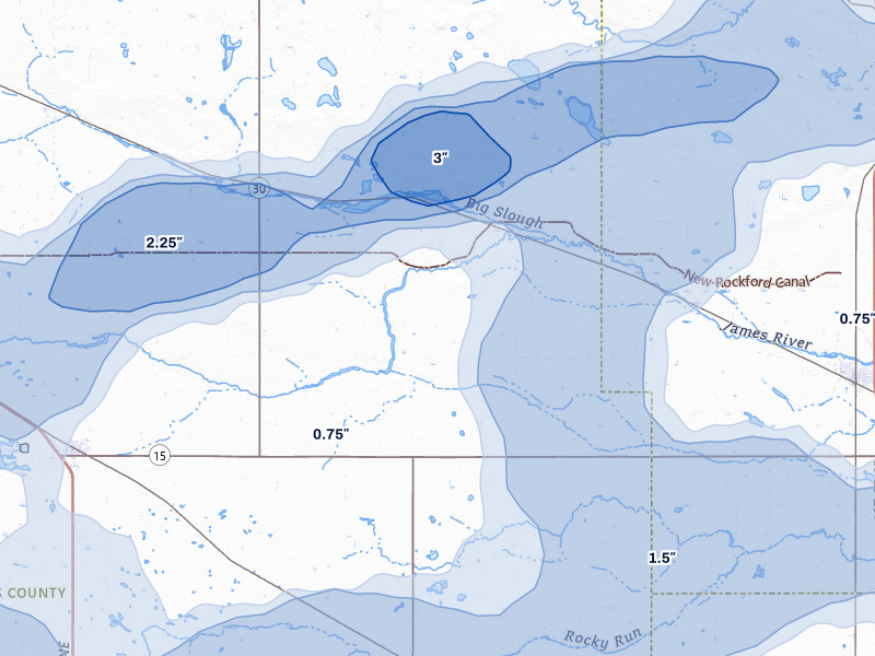 NEXRAD radar-signature map of the hail storm over Cathay, ND on Sep 3, 2026