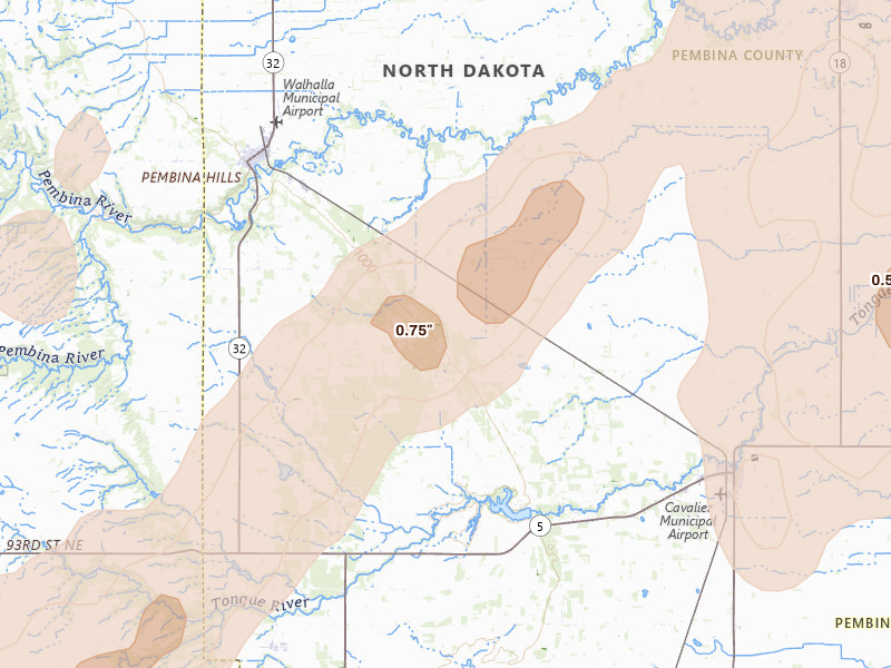 Radar-estimated hail-size map of the storm over Cavalier, ND on Jun 2, 2026