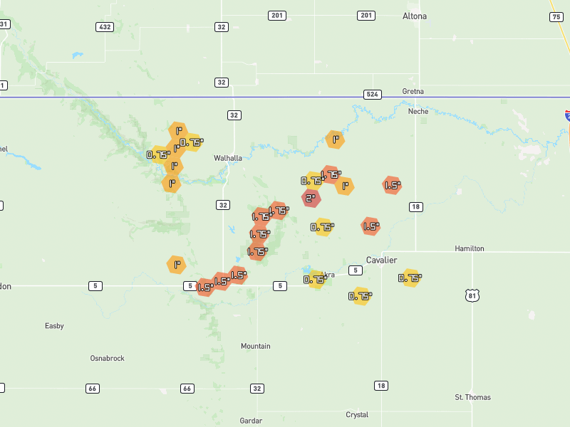 Hail map of Cavalier, ND on Jun 2, 2026, hail up to 2"