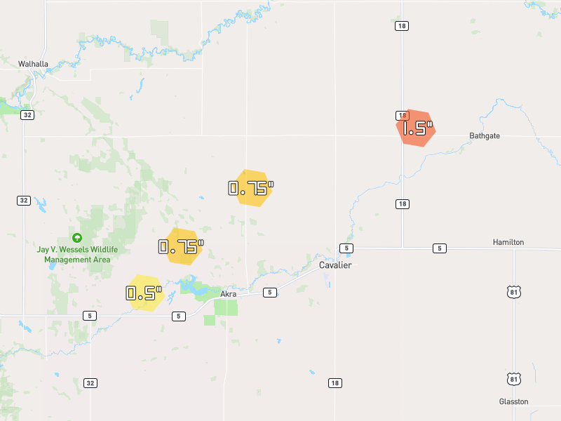 Hail map of Cavalier, ND on Jun 3, 2026, hail up to 1.5"