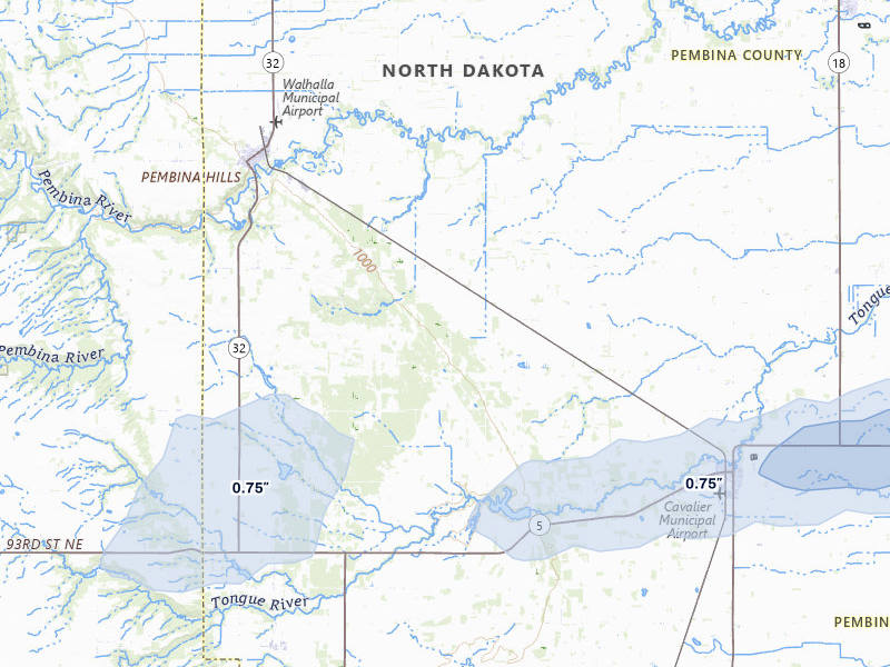 NEXRAD radar-signature map of the hail storm over Cavalier, ND on Jun 28, 2026