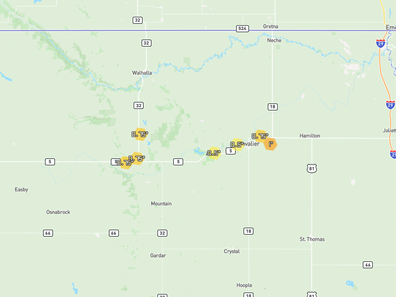 Hail map of Cavalier, ND on Jun 29, 2026, hail up to 1"
