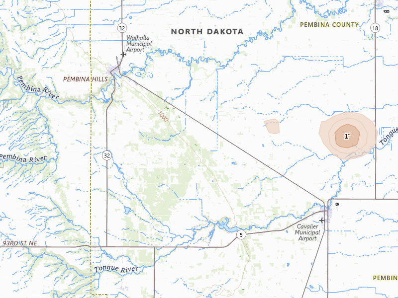 Radar-estimated hail-size map of the storm over Cavalier, ND on Jul 24, 2026