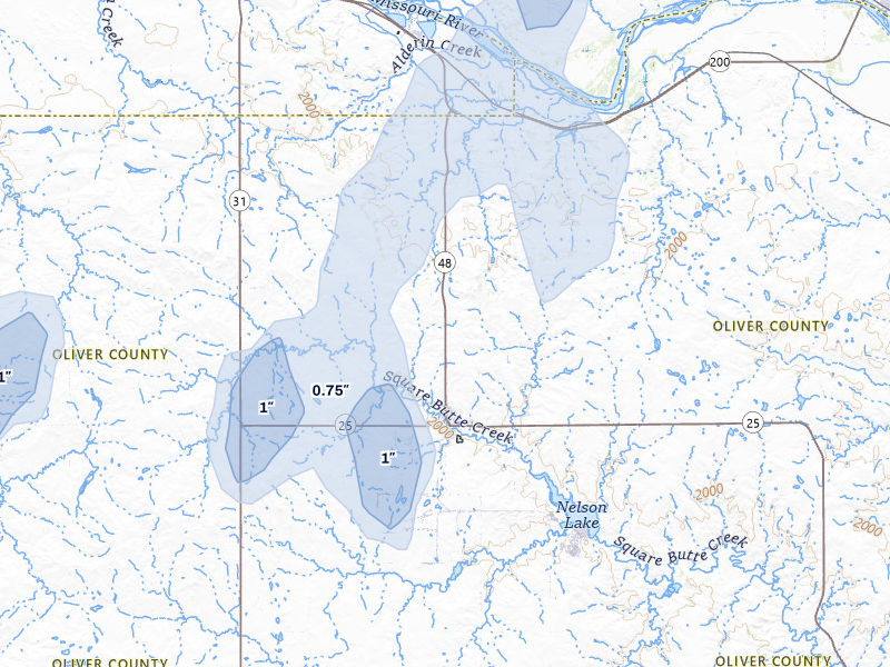 NEXRAD radar-signature map of the hail storm over Center, ND on Jun 27, 2026