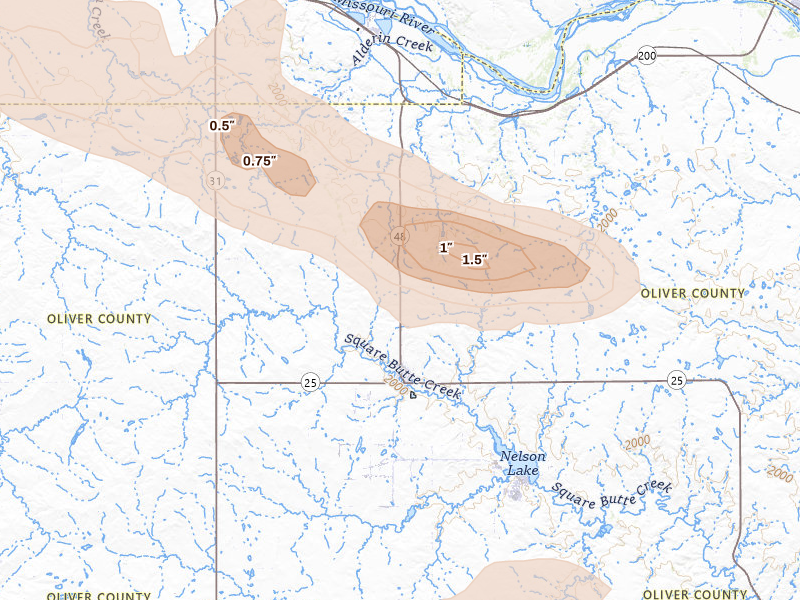 Radar-estimated hail-size map of the storm over Center, ND on Jul 19, 2026