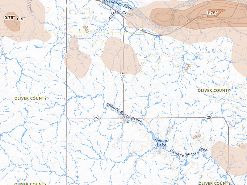 Radar-estimated hail-size map of the storm over Center, ND on Jul 24, 2026