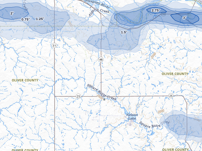 NEXRAD radar-signature map of the hail storm over Center, ND on Jul 24, 2026