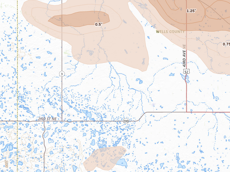 Radar-estimated hail-size map of the storm over Chaseley, ND on Jul 9, 2026
