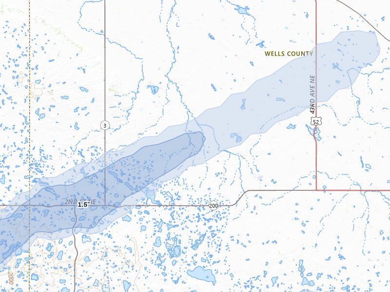 NEXRAD radar-signature map of the hail storm over Chaseley, ND on Aug 2, 2026